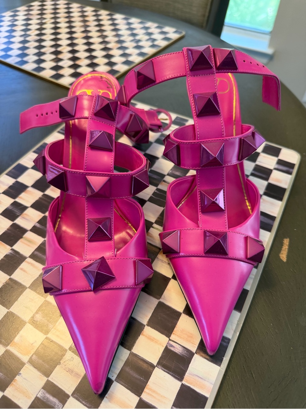Valentino Garavani Fuchsia Pyramid-Stud Pointed-Strap Heels